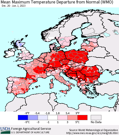 Europe Mean Maximum Temperature Departure from Normal (WMO) Thematic Map For 12/26/2022 - 1/1/2023