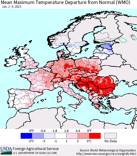 Europe Mean Maximum Temperature Departure from Normal (WMO) Thematic Map For 1/2/2023 - 1/8/2023