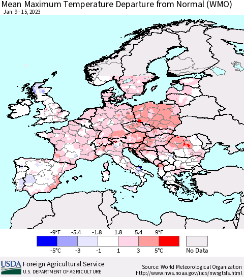 Europe Mean Maximum Temperature Departure from Normal (WMO) Thematic Map For 1/9/2023 - 1/15/2023