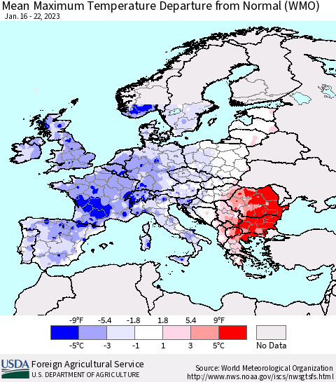 Europe Mean Maximum Temperature Departure from Normal (WMO) Thematic Map For 1/16/2023 - 1/22/2023