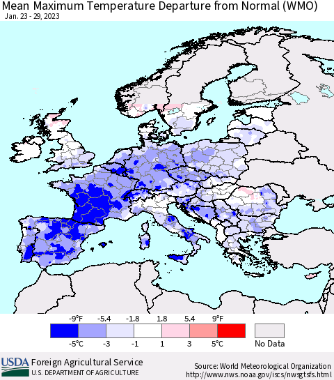 Europe Mean Maximum Temperature Departure from Normal (WMO) Thematic Map For 1/23/2023 - 1/29/2023