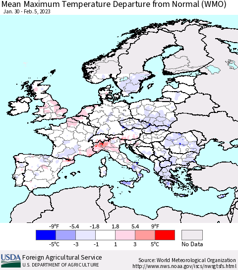Europe Mean Maximum Temperature Departure from Normal (WMO) Thematic Map For 1/30/2023 - 2/5/2023