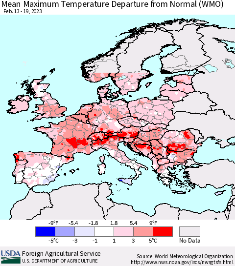 Europe Mean Maximum Temperature Departure from Normal (WMO) Thematic Map For 2/13/2023 - 2/19/2023