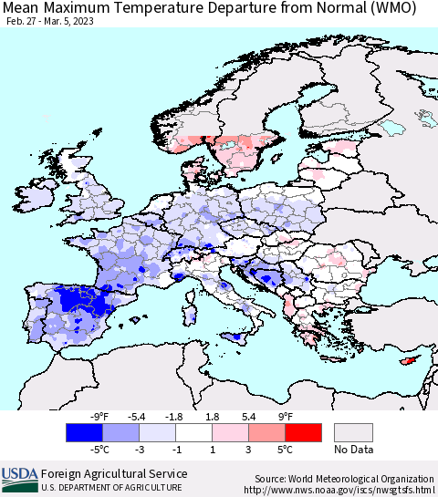 Europe Mean Maximum Temperature Departure from Normal (WMO) Thematic Map For 2/27/2023 - 3/5/2023