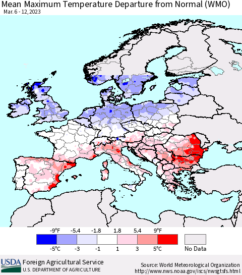 Europe Mean Maximum Temperature Departure from Normal (WMO) Thematic Map For 3/6/2023 - 3/12/2023
