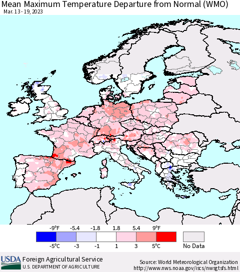 Europe Mean Maximum Temperature Departure from Normal (WMO) Thematic Map For 3/13/2023 - 3/19/2023