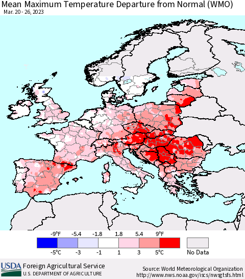 Europe Mean Maximum Temperature Departure from Normal (WMO) Thematic Map For 3/20/2023 - 3/26/2023