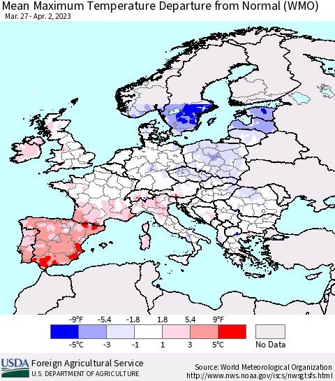 Europe Mean Maximum Temperature Departure from Normal (WMO) Thematic Map For 3/27/2023 - 4/2/2023