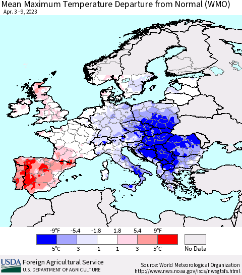 Europe Mean Maximum Temperature Departure from Normal (WMO) Thematic Map For 4/3/2023 - 4/9/2023