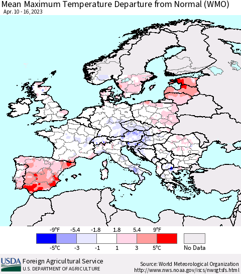 Europe Mean Maximum Temperature Departure from Normal (WMO) Thematic Map For 4/10/2023 - 4/16/2023