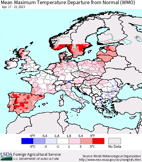 Europe Mean Maximum Temperature Departure from Normal (WMO) Thematic Map For 4/17/2023 - 4/23/2023