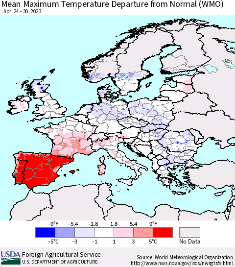Europe Mean Maximum Temperature Departure from Normal (WMO) Thematic Map For 4/24/2023 - 4/30/2023
