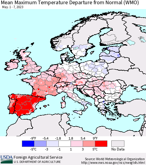 Europe Mean Maximum Temperature Departure from Normal (WMO) Thematic Map For 5/1/2023 - 5/7/2023
