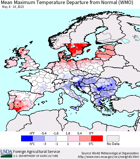 Europe Mean Maximum Temperature Departure from Normal (WMO) Thematic Map For 5/8/2023 - 5/14/2023