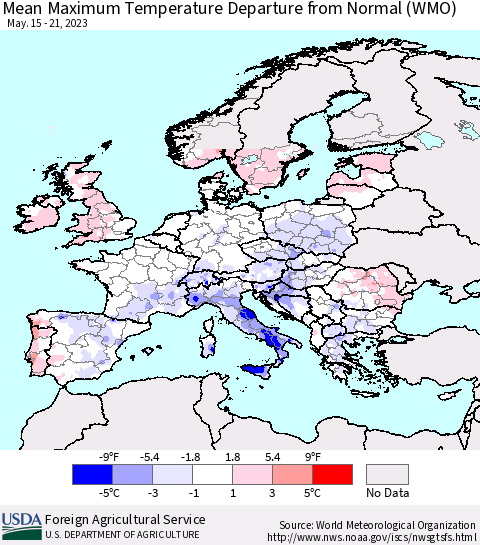 Europe Mean Maximum Temperature Departure from Normal (WMO) Thematic Map For 5/15/2023 - 5/21/2023