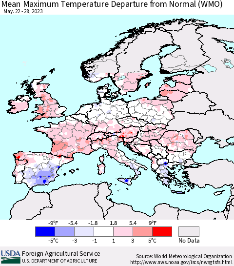 Europe Mean Maximum Temperature Departure from Normal (WMO) Thematic Map For 5/22/2023 - 5/28/2023