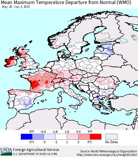 Europe Mean Maximum Temperature Departure from Normal (WMO) Thematic Map For 5/29/2023 - 6/4/2023