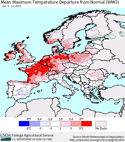 Europe Mean Maximum Temperature Departure from Normal (WMO) Thematic Map For 6/5/2023 - 6/11/2023