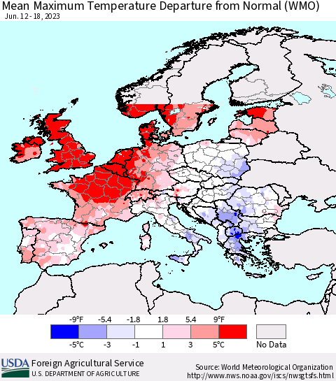 Europe Mean Maximum Temperature Departure from Normal (WMO) Thematic Map For 6/12/2023 - 6/18/2023