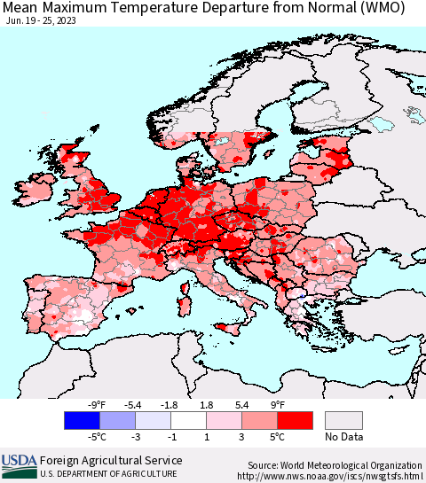 Europe Mean Maximum Temperature Departure from Normal (WMO) Thematic Map For 6/19/2023 - 6/25/2023
