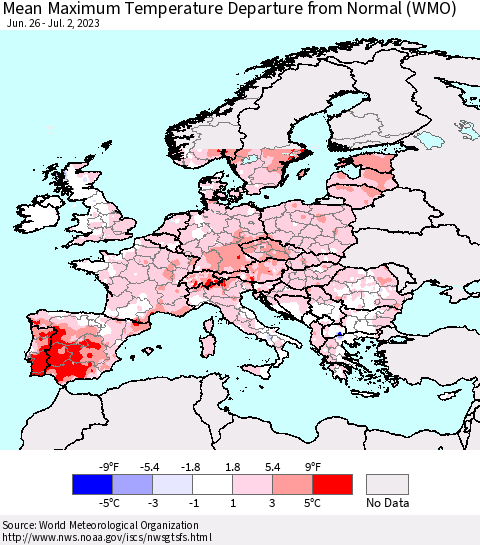 Europe Mean Maximum Temperature Departure from Normal (WMO) Thematic Map For 6/26/2023 - 7/2/2023