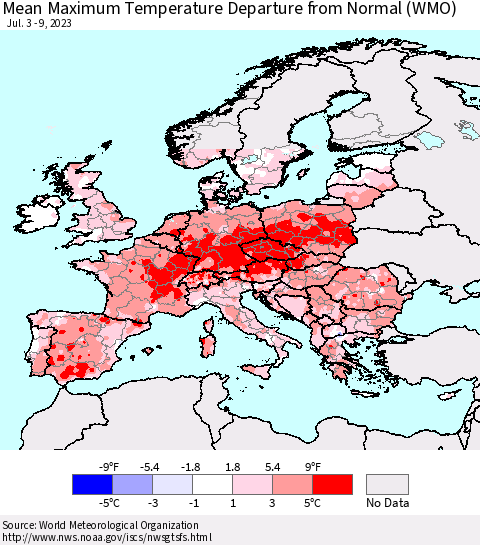 Europe Mean Maximum Temperature Departure from Normal (WMO) Thematic Map For 7/3/2023 - 7/9/2023