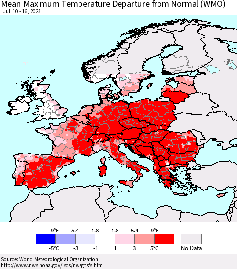 Europe Mean Maximum Temperature Departure from Normal (WMO) Thematic Map For 7/10/2023 - 7/16/2023