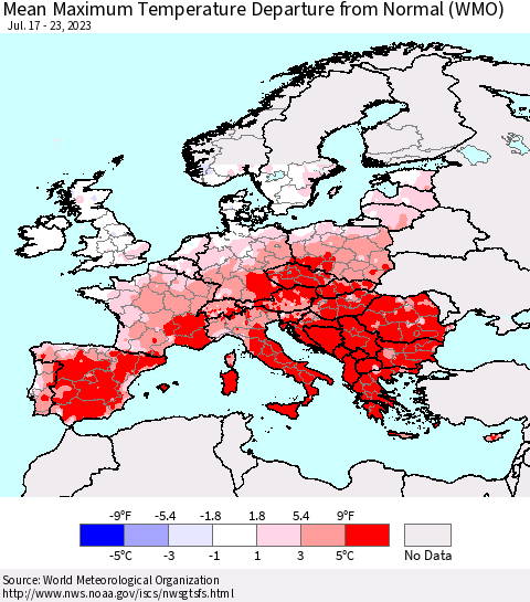 Europe Mean Maximum Temperature Departure from Normal (WMO) Thematic Map For 7/17/2023 - 7/23/2023