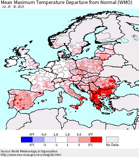Europe Mean Maximum Temperature Departure from Normal (WMO) Thematic Map For 7/24/2023 - 7/30/2023