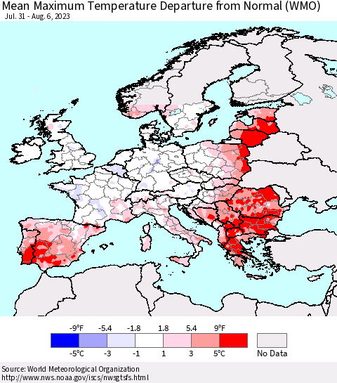 Europe Mean Maximum Temperature Departure from Normal (WMO) Thematic Map For 7/31/2023 - 8/6/2023