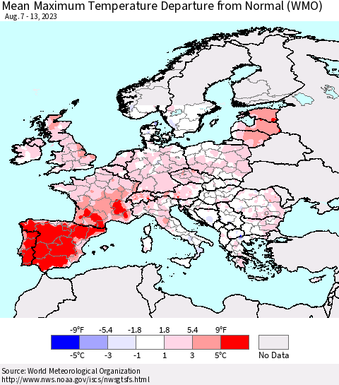 Europe Mean Maximum Temperature Departure from Normal (WMO) Thematic Map For 8/7/2023 - 8/13/2023
