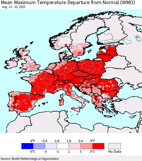 Europe Mean Maximum Temperature Departure from Normal (WMO) Thematic Map For 8/14/2023 - 8/20/2023