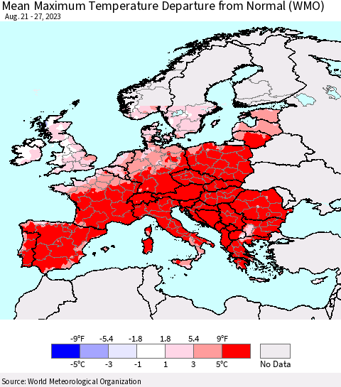Europe Mean Maximum Temperature Departure from Normal (WMO) Thematic Map For 8/21/2023 - 8/27/2023