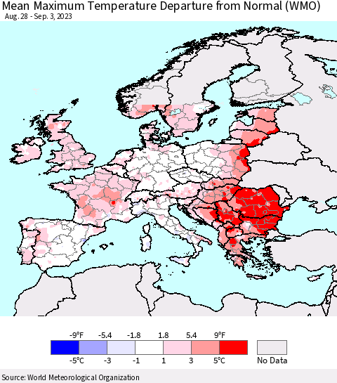 Europe Mean Maximum Temperature Departure from Normal (WMO) Thematic Map For 8/28/2023 - 9/3/2023