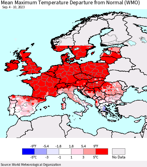 Europe Mean Maximum Temperature Departure from Normal (WMO) Thematic Map For 9/4/2023 - 9/10/2023