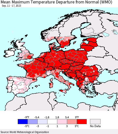 Europe Mean Maximum Temperature Departure from Normal (WMO) Thematic Map For 9/11/2023 - 9/17/2023