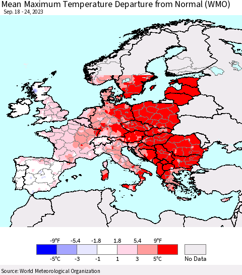 Europe Mean Maximum Temperature Departure from Normal (WMO) Thematic Map For 9/18/2023 - 9/24/2023