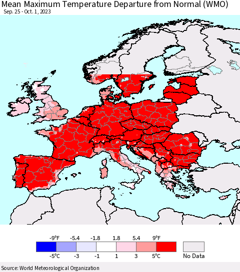 Europe Mean Maximum Temperature Departure from Normal (WMO) Thematic Map For 9/25/2023 - 10/1/2023