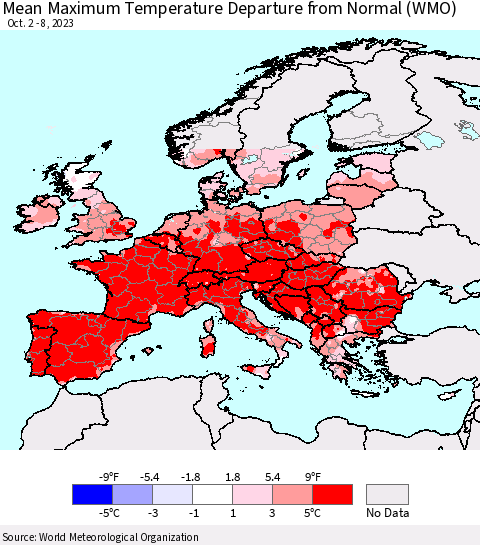 Europe Mean Maximum Temperature Departure from Normal (WMO) Thematic Map For 10/2/2023 - 10/8/2023