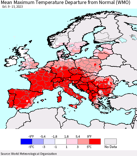 Europe Mean Maximum Temperature Departure from Normal (WMO) Thematic Map For 10/9/2023 - 10/15/2023
