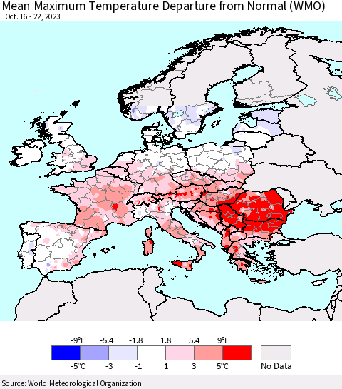 Europe Mean Maximum Temperature Departure from Normal (WMO) Thematic Map For 10/16/2023 - 10/22/2023