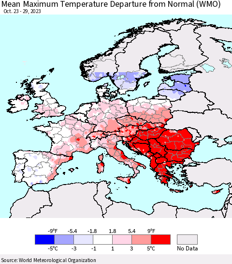 Europe Mean Maximum Temperature Departure from Normal (WMO) Thematic Map For 10/23/2023 - 10/29/2023