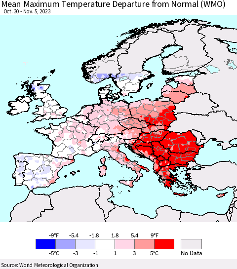 Europe Mean Maximum Temperature Departure from Normal (WMO) Thematic Map For 10/30/2023 - 11/5/2023