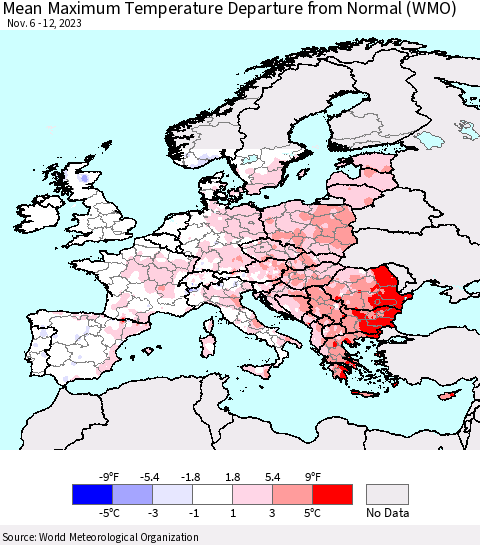 Europe Mean Maximum Temperature Departure from Normal (WMO) Thematic Map For 11/6/2023 - 11/12/2023