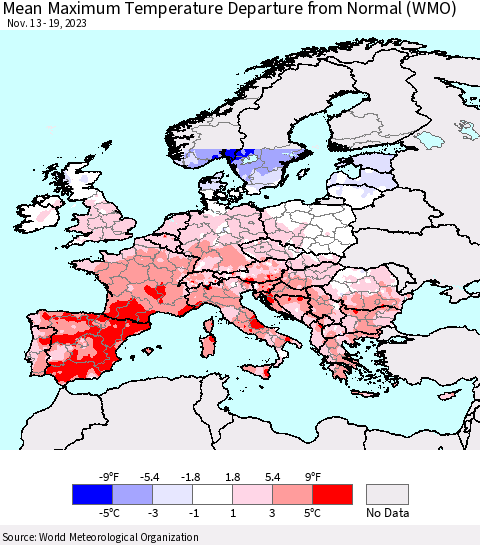 Europe Mean Maximum Temperature Departure from Normal (WMO) Thematic Map For 11/13/2023 - 11/19/2023