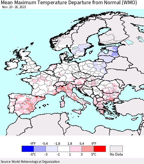 Europe Mean Maximum Temperature Departure from Normal (WMO) Thematic Map For 11/20/2023 - 11/26/2023