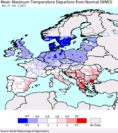Europe Mean Maximum Temperature Departure from Normal (WMO) Thematic Map For 11/27/2023 - 12/3/2023