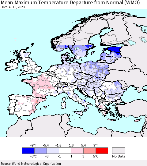 Europe Mean Maximum Temperature Departure from Normal (WMO) Thematic Map For 12/4/2023 - 12/10/2023