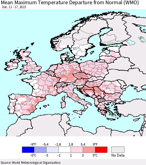 Europe Mean Maximum Temperature Departure from Normal (WMO) Thematic Map For 12/11/2023 - 12/17/2023