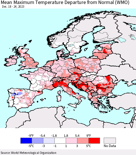 Europe Mean Maximum Temperature Departure from Normal (WMO) Thematic Map For 12/18/2023 - 12/24/2023